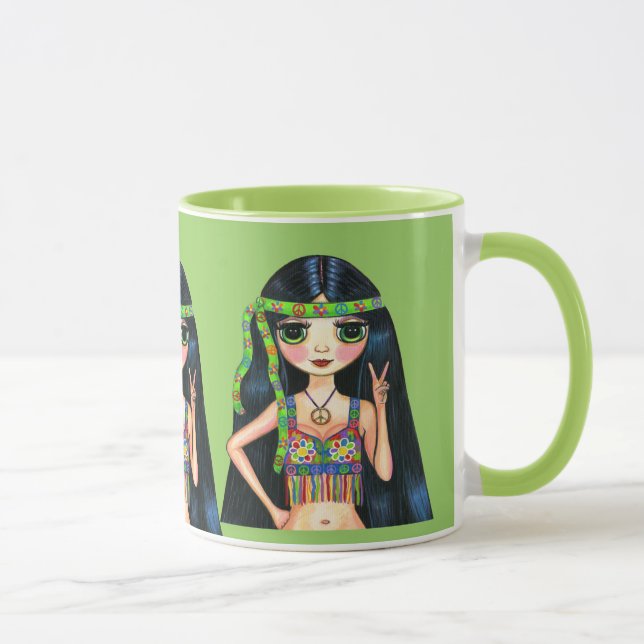 Three Big Eye Hippie Girls Flashing Peace Sign Mug (Right)
