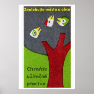 Three Birds in Tree - Matchbox Print - Czech Wall