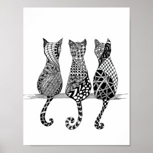 Three Black and White Cats Print