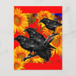 THREE BLACK BIRDS IN SUNFLOWER FIELDS POSTCARD