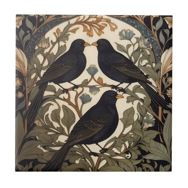 Three Black Birds William Morris Inspired  Ceramic Tile (Front)