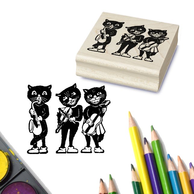 Three Black Cat Musicians Guitar Fiddle Saxophone Rubber Stamp (Craft stamp of three jazz musician cats playing music instruments.)