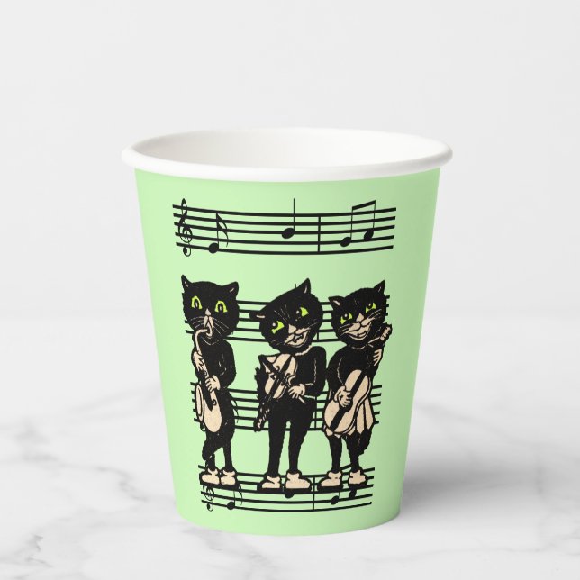 Three Black Cat Musicians on Sheet Music Green Paper Cups (Front)