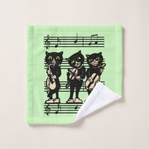 Three Black Cat Musicians Sheet of Notes Green Wash Cloth