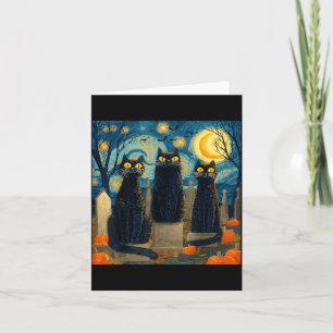 Three Black Cat Starry Night Van Gogh Pumpkins Card