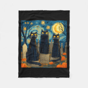 Three Black Cat Starry Night Van Gogh Pumpkins Fleece Blanket