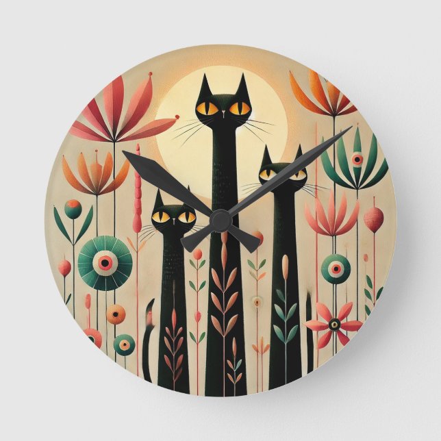 Three Black Cats Amid Vibrant Floral Design Round Clock (Front)