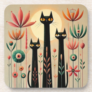 Three Black Cats Amid Vibrant Floral Home Decor 🐾 Coaster