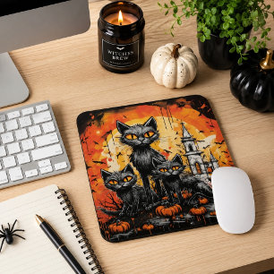 Three Black Cats Halloween Haunted House  Mouse Pad