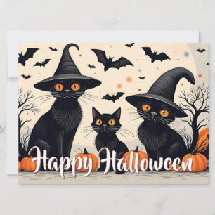 Three Black Cats with Hats on Halloween