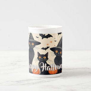 Three Black Cats with Hats on Halloween Bone China Mug