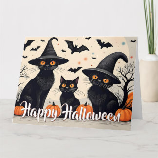 Three Black Cats with Hats on Halloween Card