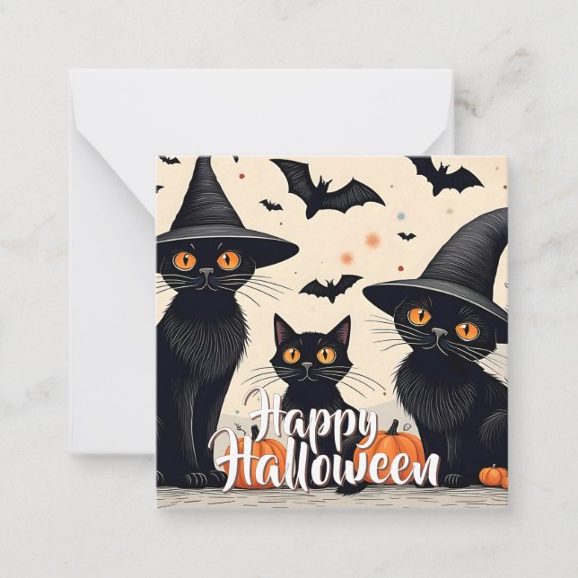Three Black Cats with Hats on Halloween Card (Front)
