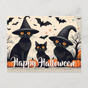 Three Black Cats with Hats on Halloween Holiday Postcard