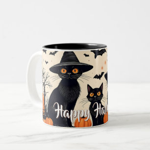 Three Black Cats with Hats on Halloween Two-Tone Coffee Mug