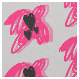 Three black hearts- pink abstract grey background fabric