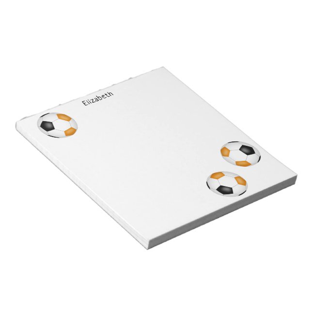 three black orange soccer balls personalised notepad (Angled)