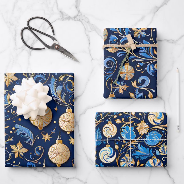 Three Blue and Gold Ornamental Designs Christmas Wrapping Paper Sheet (Front)