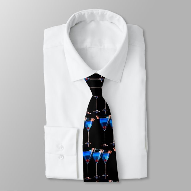 Three blue cocktails with cherry on black funny tie (Tied)