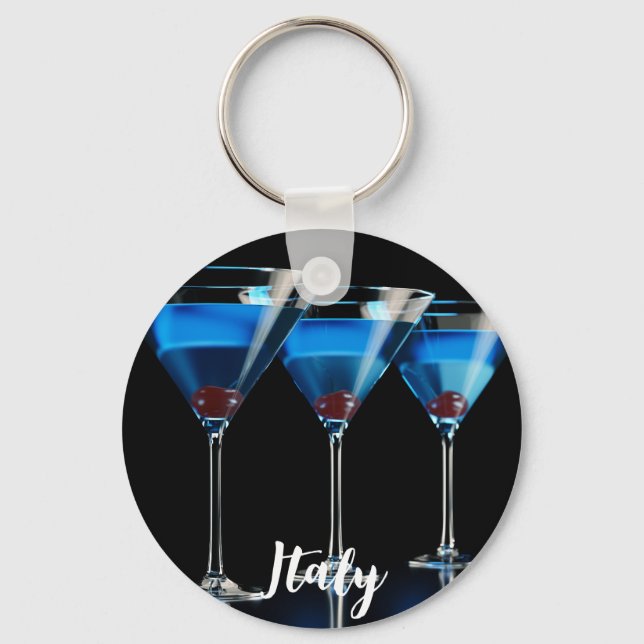 Three blue cocktails with cherry on black key ring (Front)
