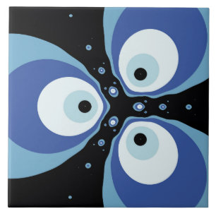 Three Blue Fish Talking Modern Fractal Art Ceramic Tile