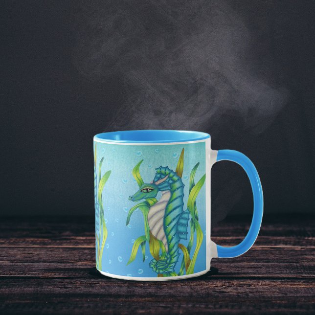Three Blue Green Seahorse Dragons Seaweed Water Mug (Fantasy seahorse dragon in blue green in seaweed water bubbles on coffee or tea mug.)