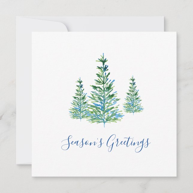Three Blue Green Watercolor Pine Trees  Holiday Card (Front)