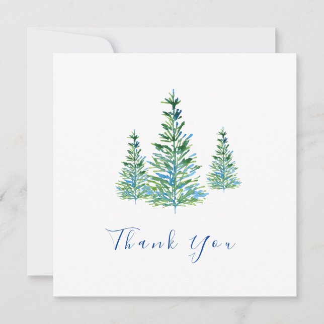 Three Blue Green Watercolor Pine Trees Thank You Card (Front)