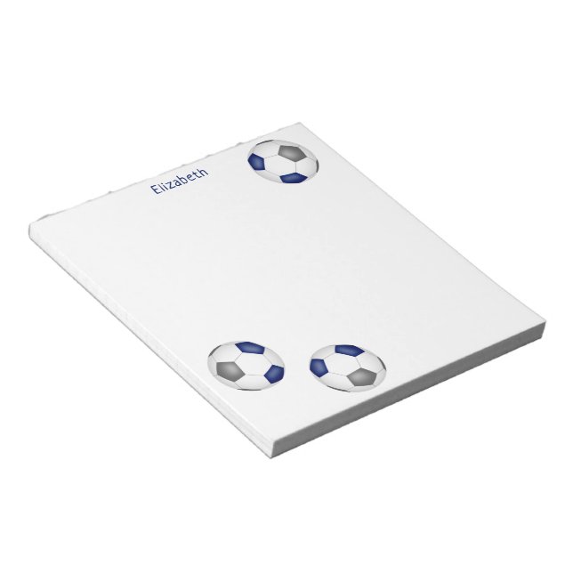 three blue grey soccer balls personalised notepad (Angled)