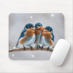 Three Bluebirds On a Snowy Branch Mouse Pad