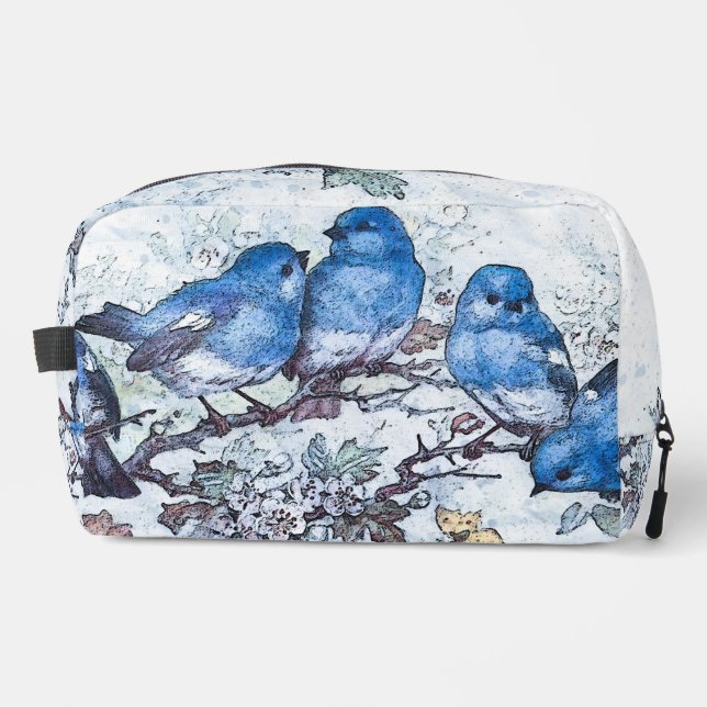 Three Bluebirds Perched On Cherry Blossom Dopp Kit (Front)