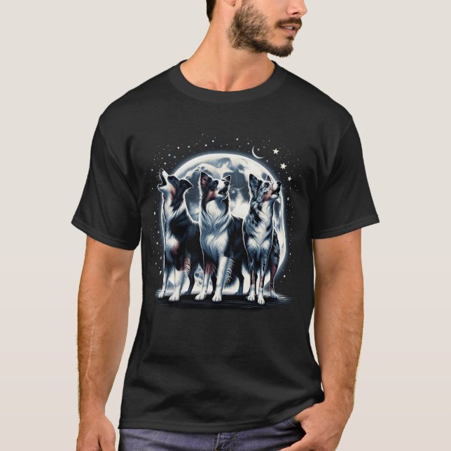 Three Border Collies Howling at Moon Like Three T-Shirt (Front)