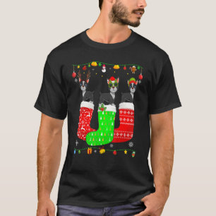 Three Boston Terrier In Christmas Socks Matching X T-Shirt