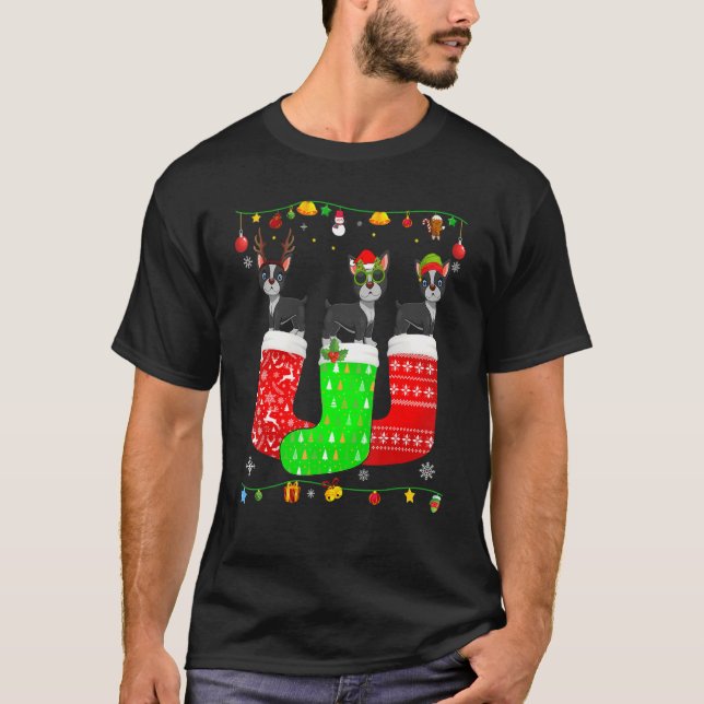 Three Boston Terrier In Christmas Socks Matching X T-Shirt (Front)