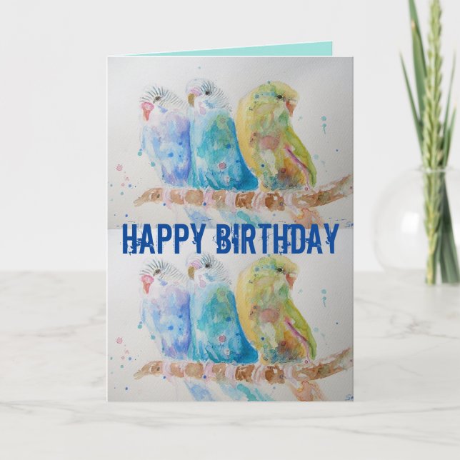 Three Budgies Sitting Blue Budgie Watercolour Card (Front)
