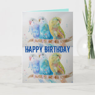 Three Budgies Sitting Blue Budgie Watercolour Card