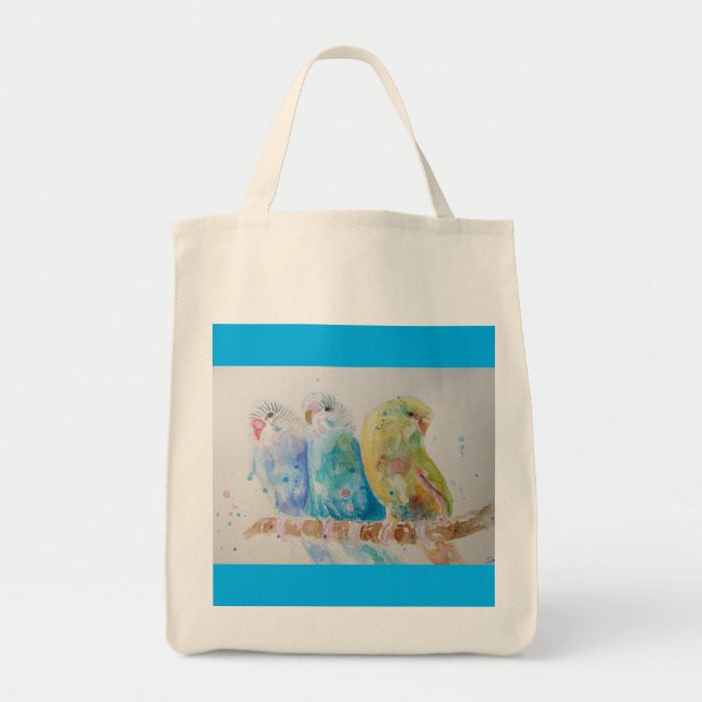 Three Budgies Sitting Watercolour blue Gift Bag (Front)