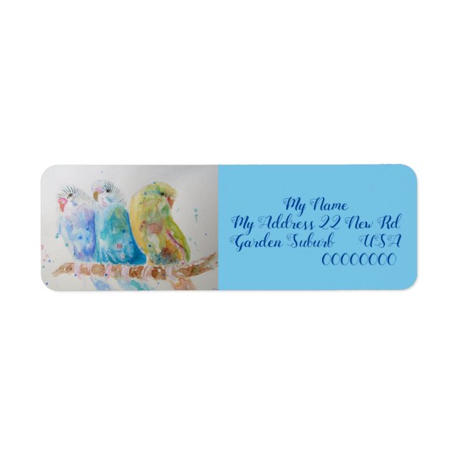 Three Budgies Watercolour Return Address Labels (Front)