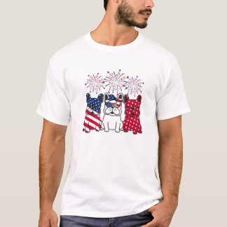 Three Bulldog American Flag Fireworks 4Th Of July T-Shirt