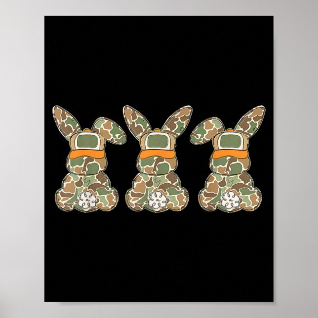 Three Bunnies Camouflage Rabbit Eggs Happy Easter  Poster (Front)
