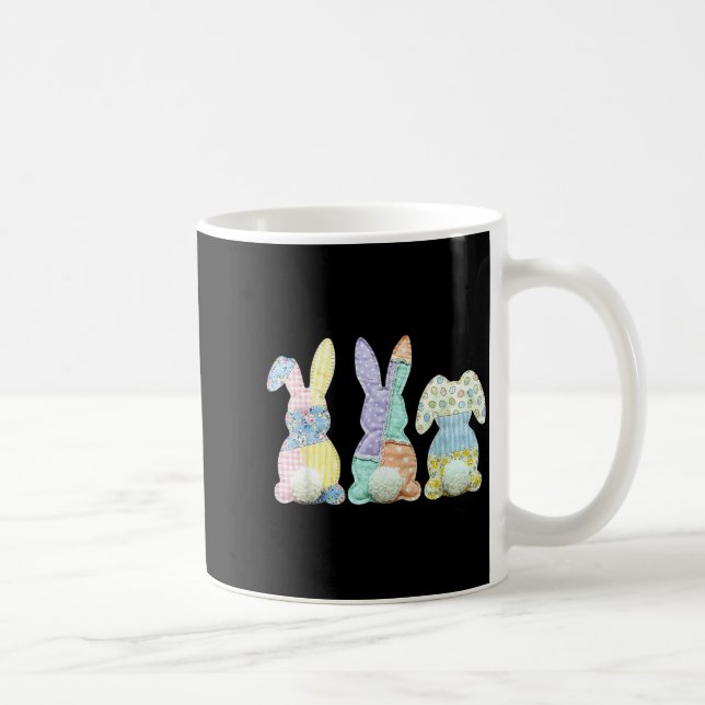 Three Bunnies Patchwork Rabbit Eggs Happy Easter D Coffee Mug (Right)