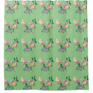 Three butterflies enjoying flowers shower curtain