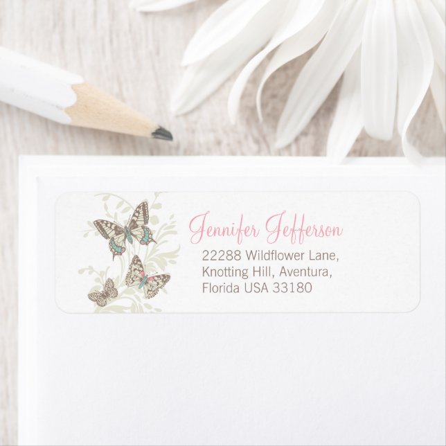 Three butterflies inked art pink wedding return address label (Insitu)