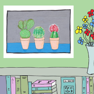 Three cacti in pots, cute, naive art poster