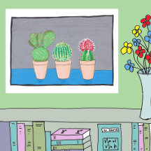Three cacti in pots, cute, naive art