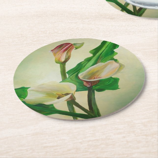 Three Calla Lilies Stunning Botanical Acrylic  Round Paper Coaster (Angled)