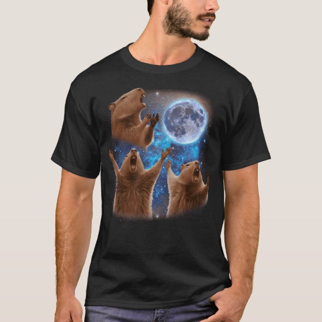 Three Capybaras Howling At The Moon Weird Meme T-Shirt (Front)