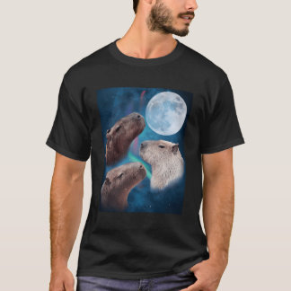 Three Capybaras Moon And Nighttime Sky T-Shirt
