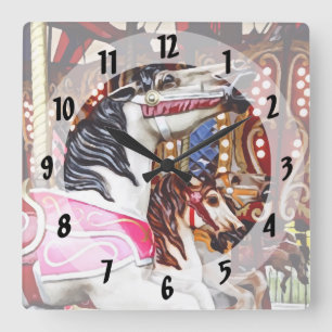Three Carousel Horses Closeup Square Wall Clock