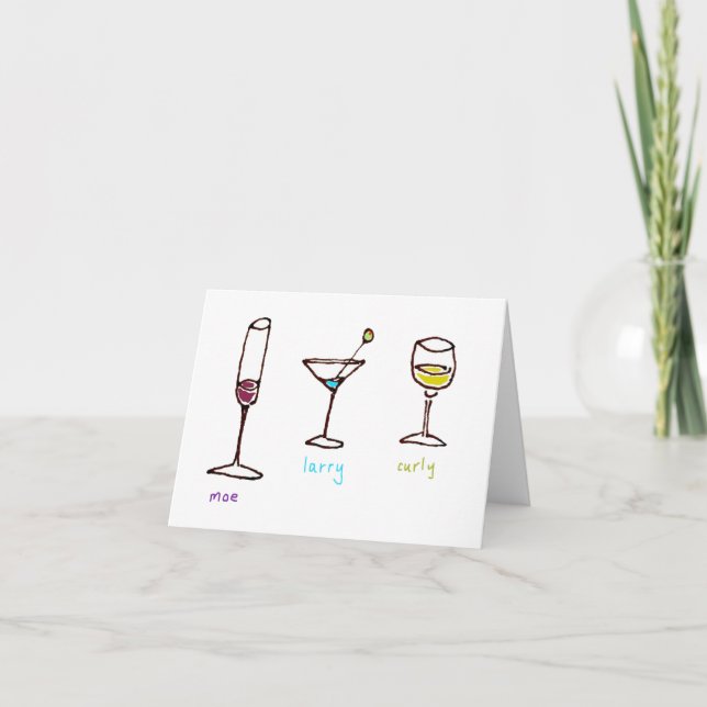 Three Cartoon Drinks Stooges Folded Note Card (Front)